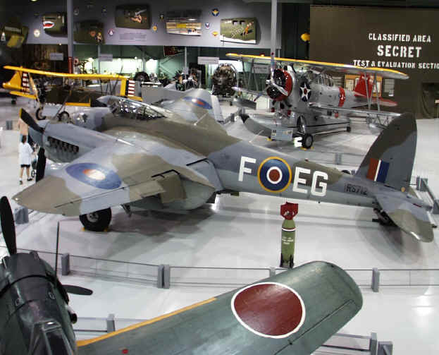 Warbird hangar with De Havilland Mosquito and Grumman Duck